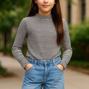 ZARA GIRLS Mock Neck Striped Long Sleeve Shirt 13 14 Ribbed Top Tee Stretchy